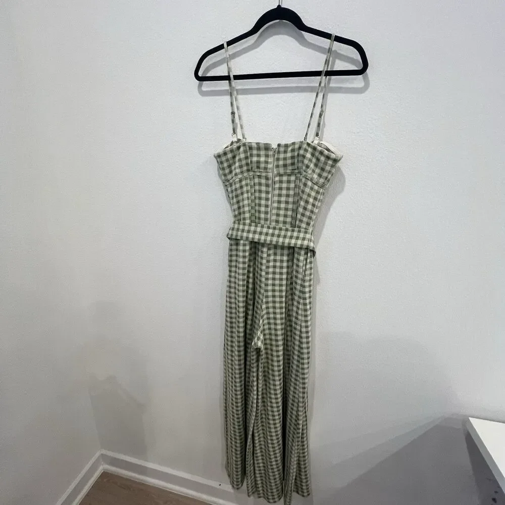 Free People Hold Me Tights Gingham Wide Leg Jumpsuit Green Linen Blend Size XS